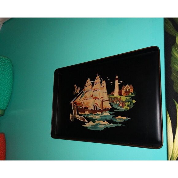 Tin Tray Sailing Ship Lighthouse Hand Painted Black Vintage Tole Style Rectangle - Picture 9 of 11